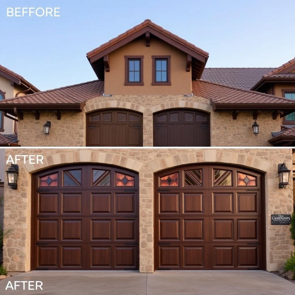 Before and after Tuscan inspired garage door installation in Pacific City