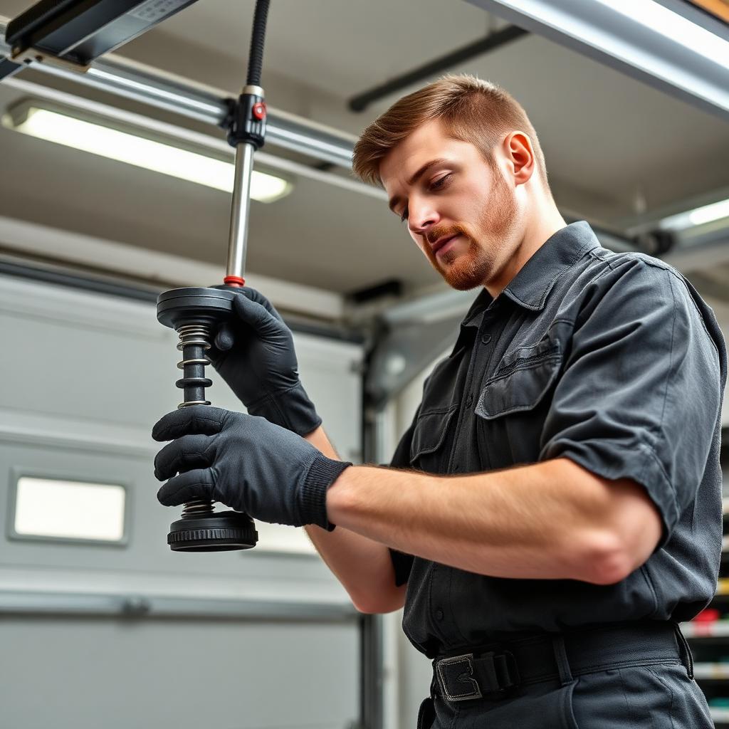 Professional garage door technician performing service and repairs